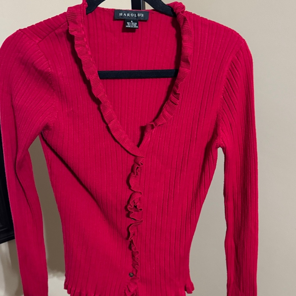 Harold's‎ Vibrant Red Ruffle Trim Cardigan